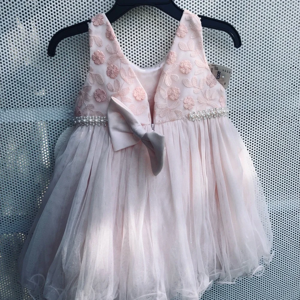 American Princess Light Pink Floral Pearl-Trim Tulle Dress